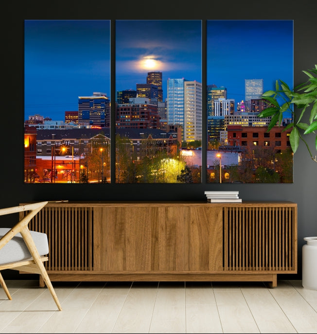 Impresión en lienzo de arte de pared grande con vista del paisaje urbano del horizonte azul nocturno de las luces de la ciudad de Denver