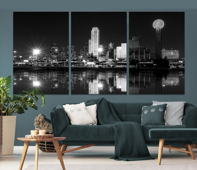 Dallas City Lights Skyline Art mural noir et blanc Paysage urbain Impression sur toile