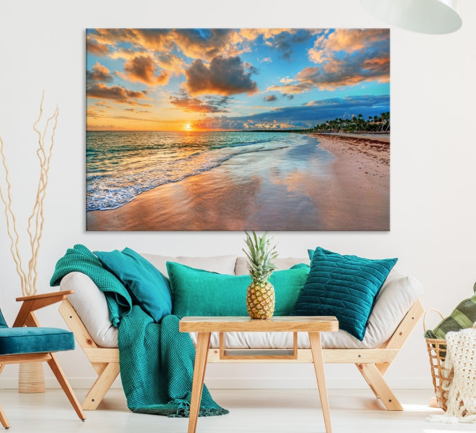 Sunset Beach Canvas Wall Art – Tropical Triptych Seascape Print – Coastal Ocean Decor for Living Room or Bedroom – Ready to Hang