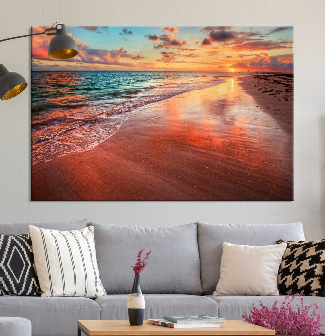 The "Beach and Red Sunset Wall Art Canvas Print" features a triptych of a vibrant beach sunset. These museum-quality canvases come with a UV-protective coating and are ready to hang, offering an instant touch of elegance.