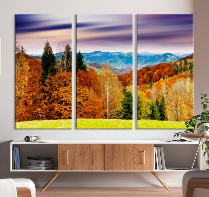 Autumn Colorful Forest Blue Mountains and Purple Sky at Sunset Wall Art Canvas Print