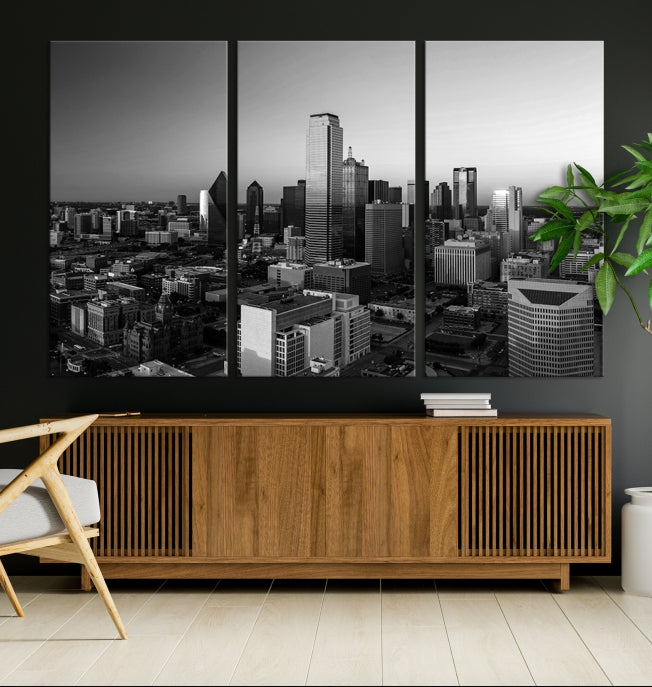 Dallas City Skyline Art mural noir et blanc Paysage urbain Impression sur toile