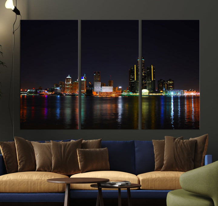 Detroit City Lights Night Skyline Cityscape View Wall Art Canvas Print