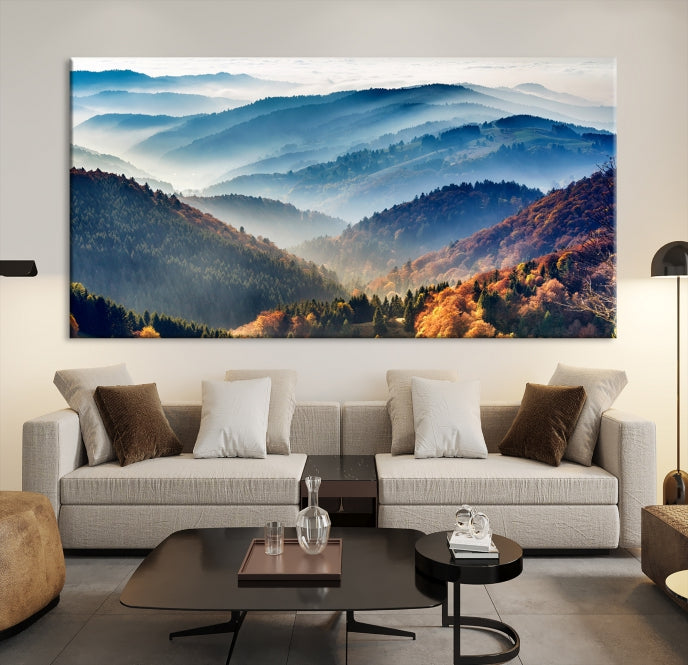 Lienzo decorativo para pared grande con bosque de montañas y otoño