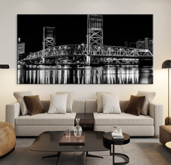 The Jacksonville City Bridge Night Wall Art Canvas Print is a black and white triptych depicting the city bridge at night. It features a UV-protective coating on museum-quality canvas.