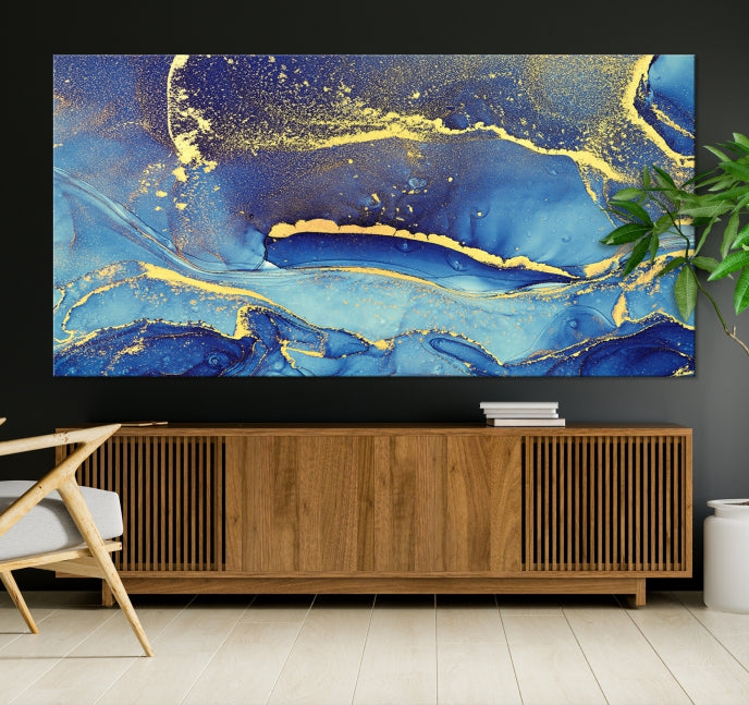 Splash Yellow Color Blue Marble Abstract Canvas Wall Art Print