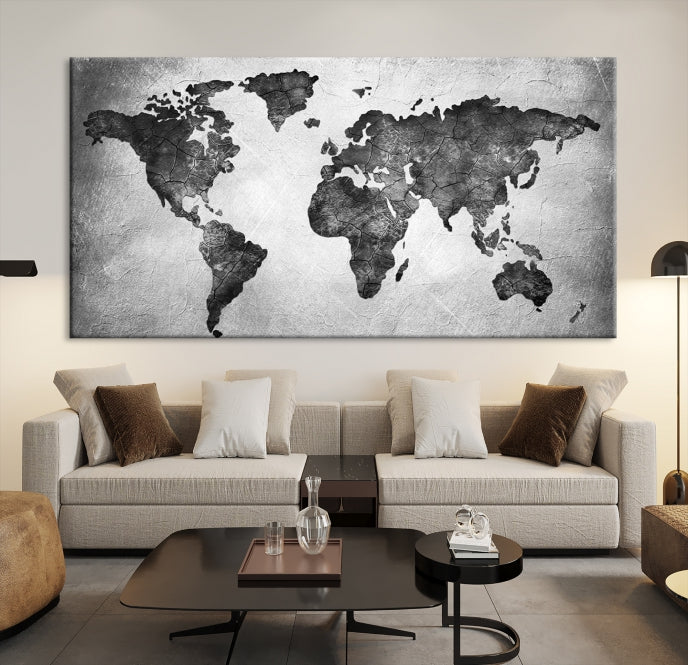 Impresión artística en lienzo grande con mapa del mundo en negro y gris