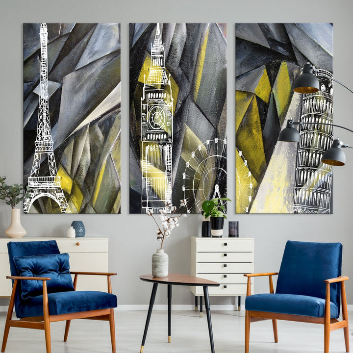 Eiffel Tower Big Ben and Pisa Tower Canvas Wall Art Print Abstract Landmarks Wall Art