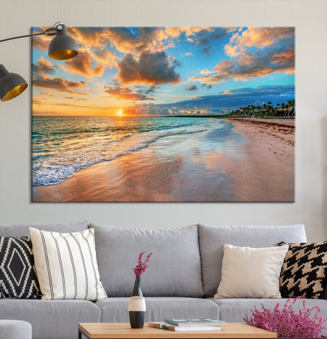 Sunset Beach Canvas Wall Art – Tropical Triptych Seascape Print – Coastal Ocean Decor for Living Room or Bedroom – Ready to Hang