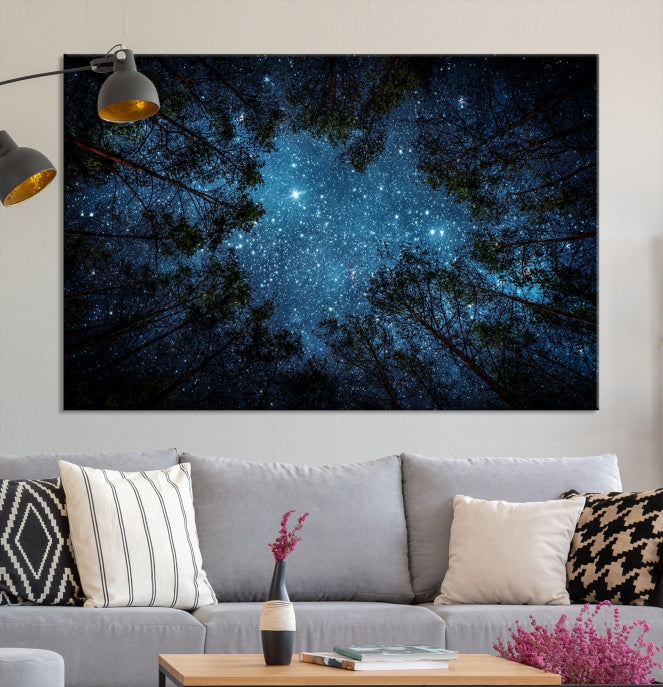 Impression sur toile d’art mural forêt et étoiles