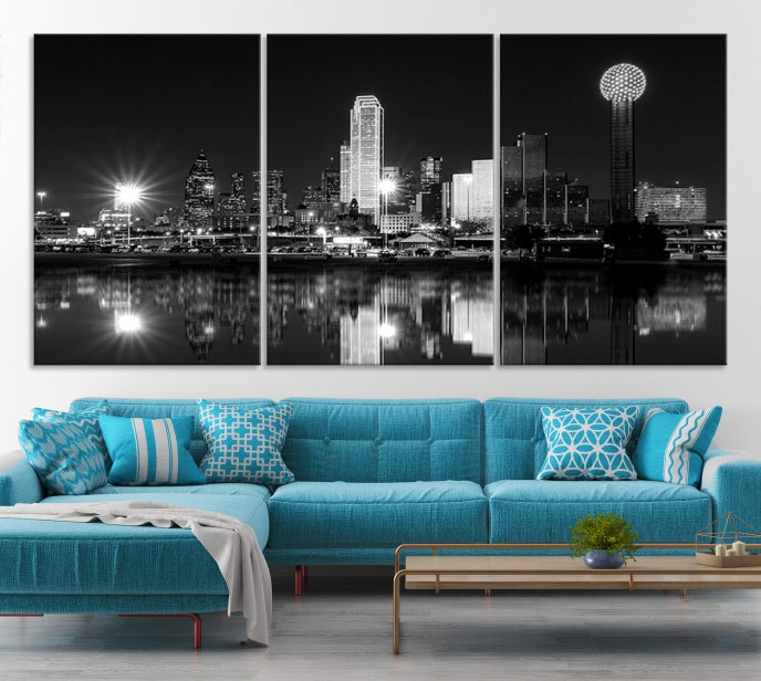 Dallas City Lights Skyline Art mural noir et blanc Paysage urbain Impression sur toile