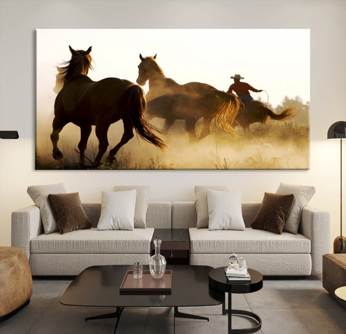 Lienzo decorativo para pared con caballos y vaqueros