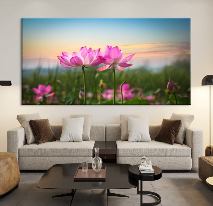 The room features a museum-quality Pink Flower on the Mountain Canvas Print, showcasing blooming pink flowers against a sunset on hand-assembled canvas.