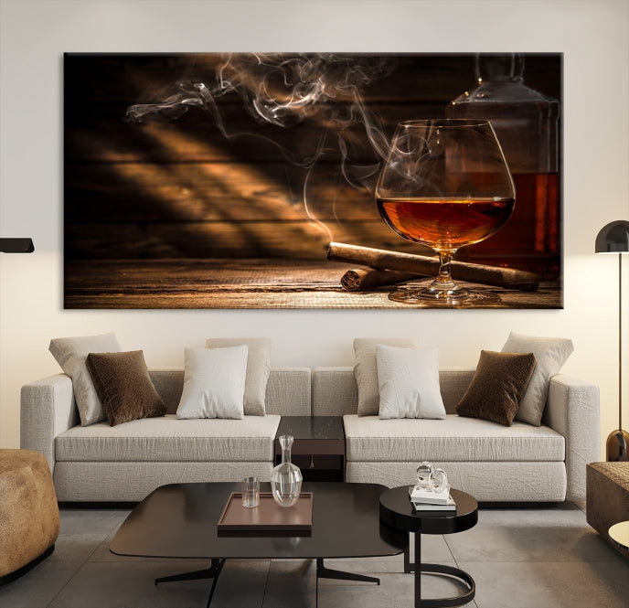 Lienzo decorativo para pared grande con whisky y cigarros