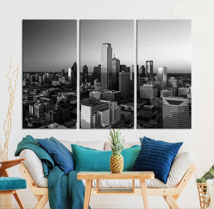 Dallas City Skyline Art mural noir et blanc Paysage urbain Impression sur toile