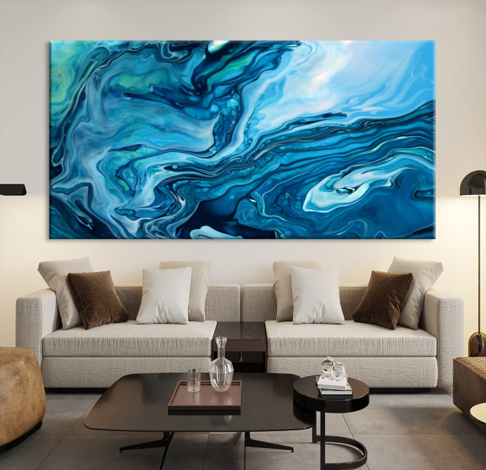 Arte de pared grande con efecto fluido de mármol azul marino, lienzo abstracto moderno, impresión artística de pared