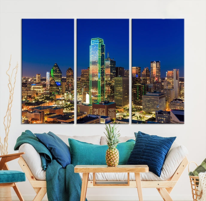 Impresión en lienzo de arte de pared grande con vista del paisaje urbano del horizonte azul nocturno de las luces de la ciudad de Dallas