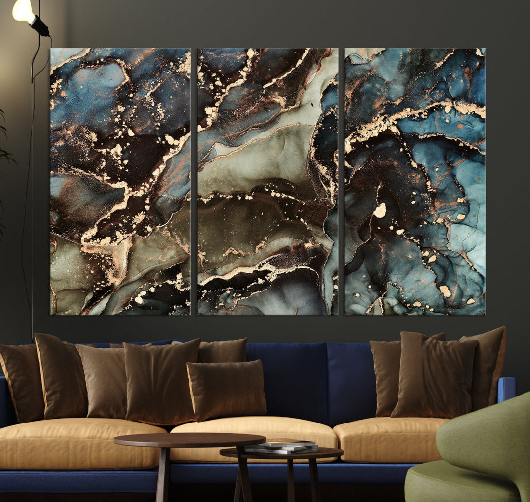 Arte de pared grande con efecto fluido de mármol negro y azul, lienzo abstracto moderno, impresión artística de pared