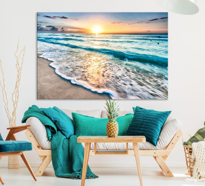 Sunset Beach Waves Canvas Wall Art – 5-Panel Ocean Sunset Print – Coastal Decor for Living Room or Bedroom – Ready to Hang