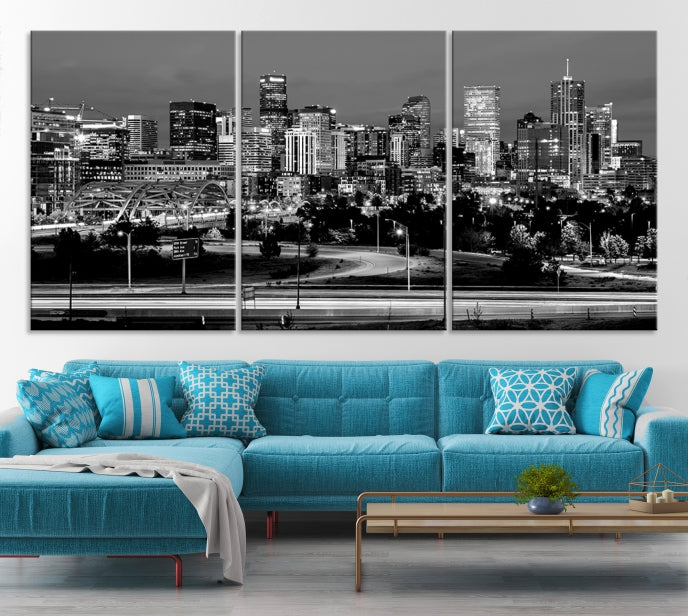 Denver City Lights Skyline Black and White Wall Art Cityscape Canvas Print