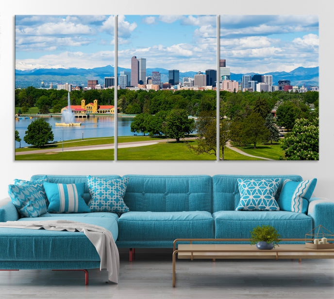 Denver City Park au printemps nuageux Skyline paysage urbain vue murale impression sur toile