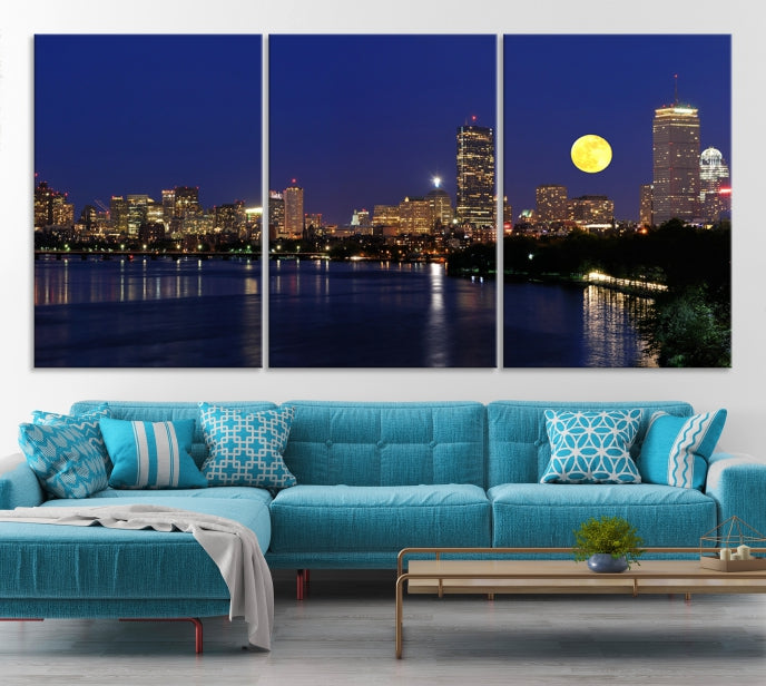 Luces de la ciudad de Boston, horizonte nocturno de luna llena, vista del paisaje urbano, arte de pared grande, impresión en lienzo