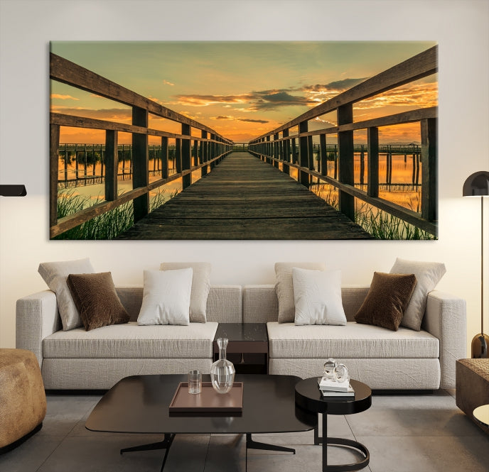 Lienzo decorativo para pared con puesta de sol y puente de madera