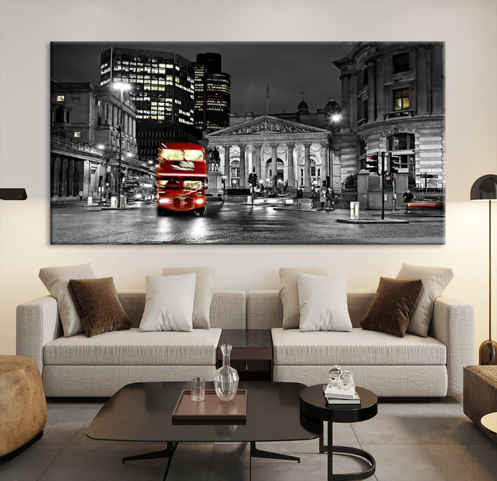 London Night Red Bus Wall Art Canvas Print, London Black and White Wall Art