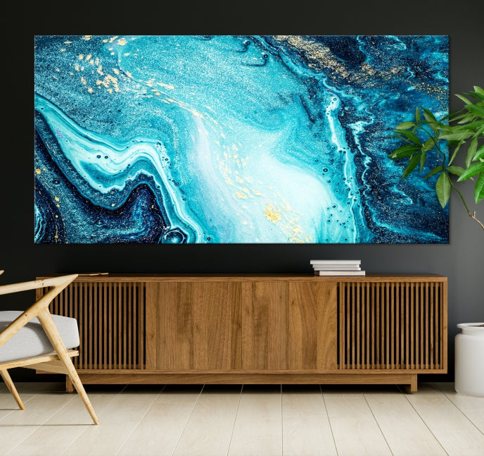 Neon Blue and Gold Marble Fluid Effect Wall Art Abstract Canvas Wall Art Print