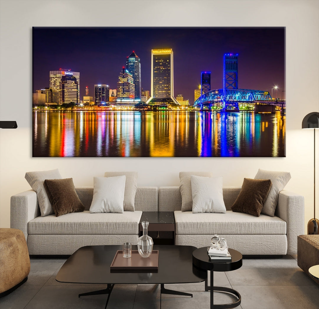 The Jacksonville City cityscape wall art captures a vibrant city skyline at night with colorful reflections in the water and is elegantly displayed on museum-quality gallery wrapped canvas.