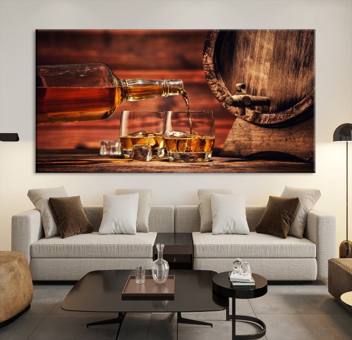 Lienzo decorativo para pared grande con whisky y barril