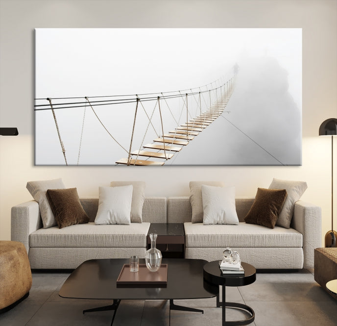 Lienzo decorativo para pared con puente de madera y niebla