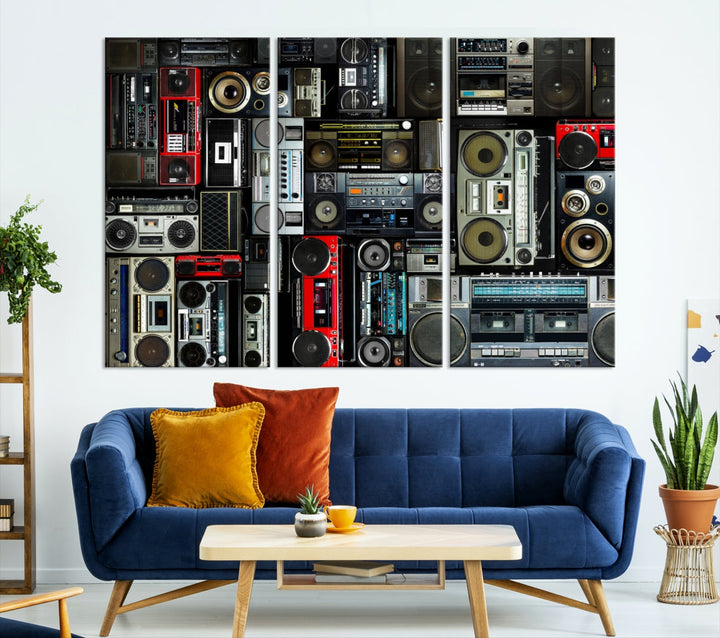Lienzo retro Boombox Radio para pared, decoración de pared vintage, grabadora de música, impresión en lienzo para sala de estar, sala de música, enmarcado, listo para colgar, lienzo dividido, impresión artística de pared extra grande