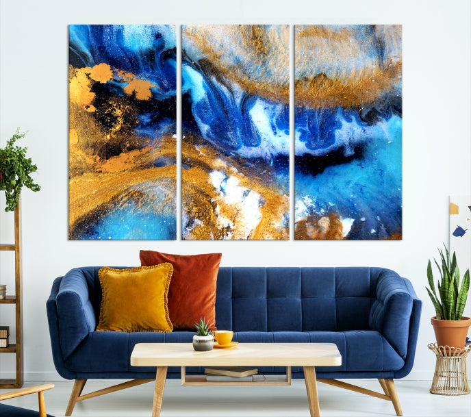 Blue Orange Marble Fluid Effect Wall Art Abstract Canvas Wall Art Print