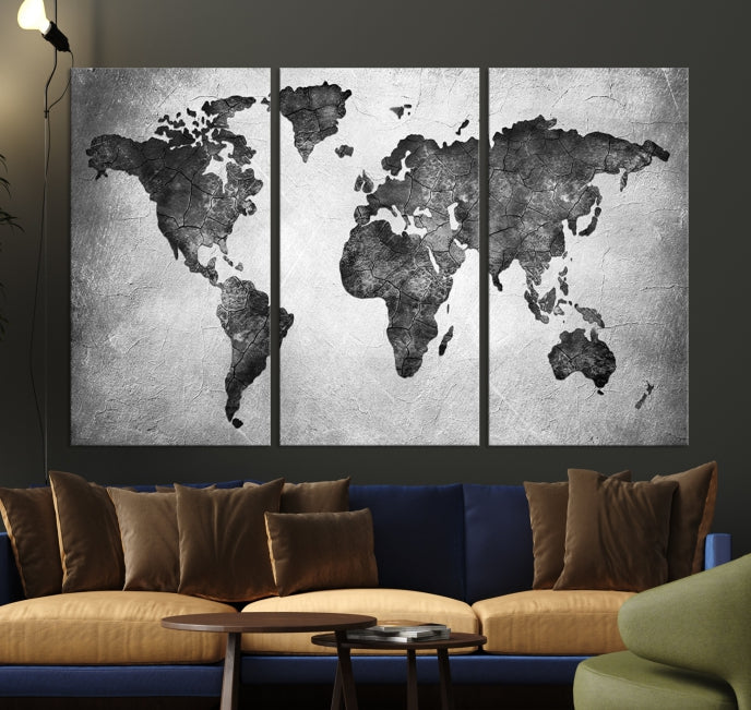 Impresión artística en lienzo grande con mapa del mundo en negro y gris