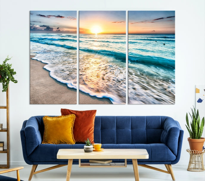 Sunset Beach Waves Canvas Wall Art – 5-Panel Ocean Sunset Print – Coastal Decor for Living Room or Bedroom – Ready to Hang