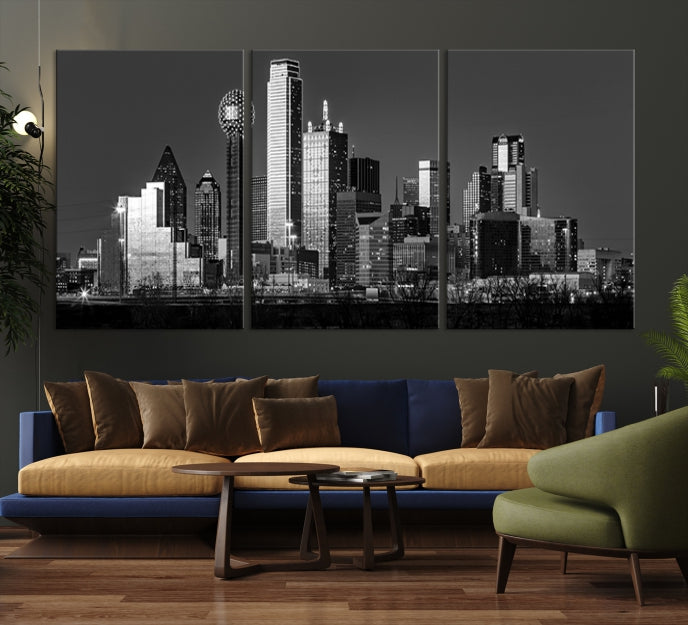 Dallas City Lights Skyline Art mural noir et blanc Paysage urbain Impression sur toile