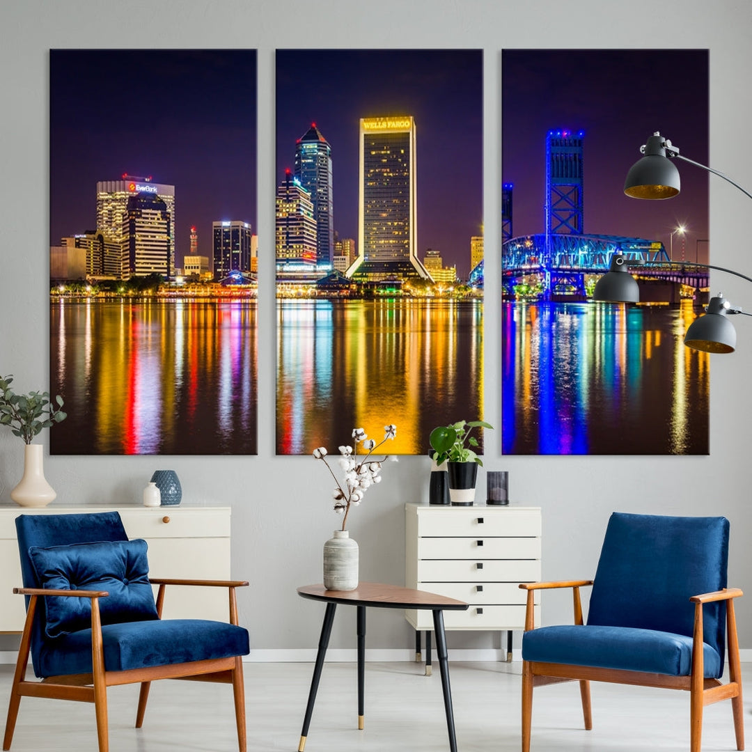 The Jacksonville City cityscape wall art captures a vibrant city skyline at night with colorful reflections in the water and is elegantly displayed on museum-quality gallery wrapped canvas.