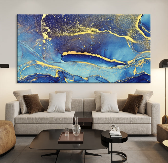 Splash Yellow Color Blue Marble Abstract Canvas Wall Art Print