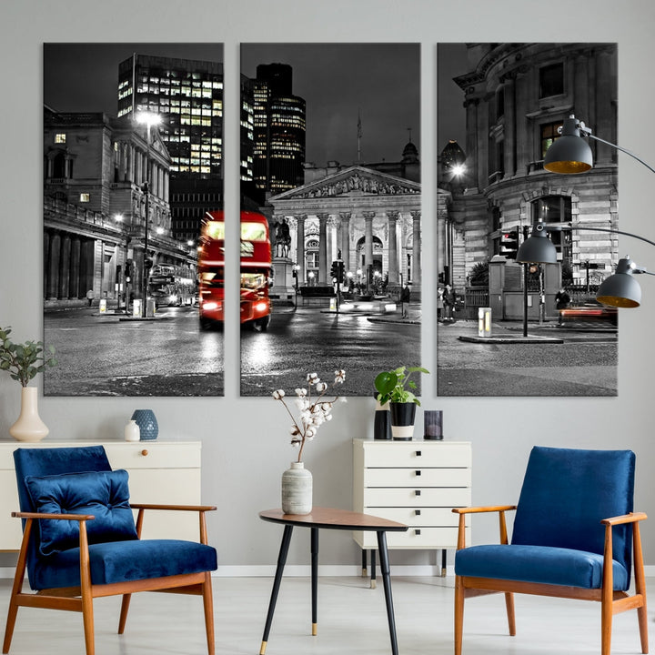 London Night Red Bus Wall Art Canvas Print, London Black and White Wall Art