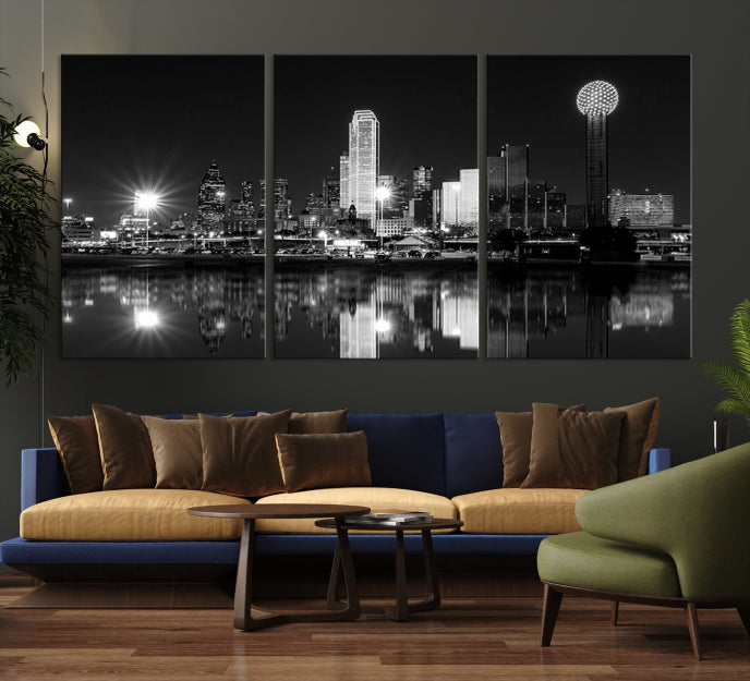 Dallas City Lights Skyline Art mural noir et blanc Paysage urbain Impression sur toile