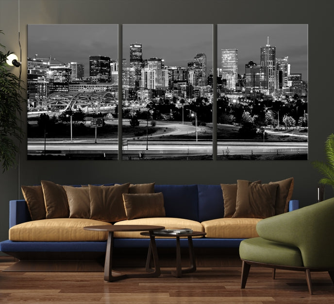 Denver City Lights Skyline Black and White Wall Art Cityscape Canvas Print