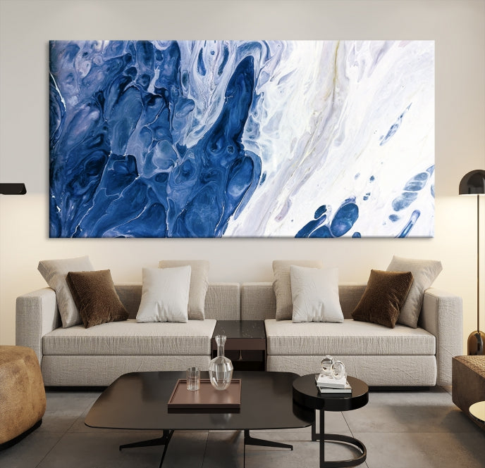 Arte de pared grande con efecto fluido de mármol azul marino, lienzo abstracto moderno, impresión artística de pared