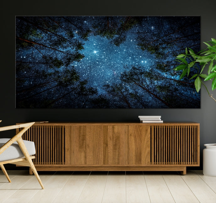 Impression sur toile d’art mural forêt et étoiles