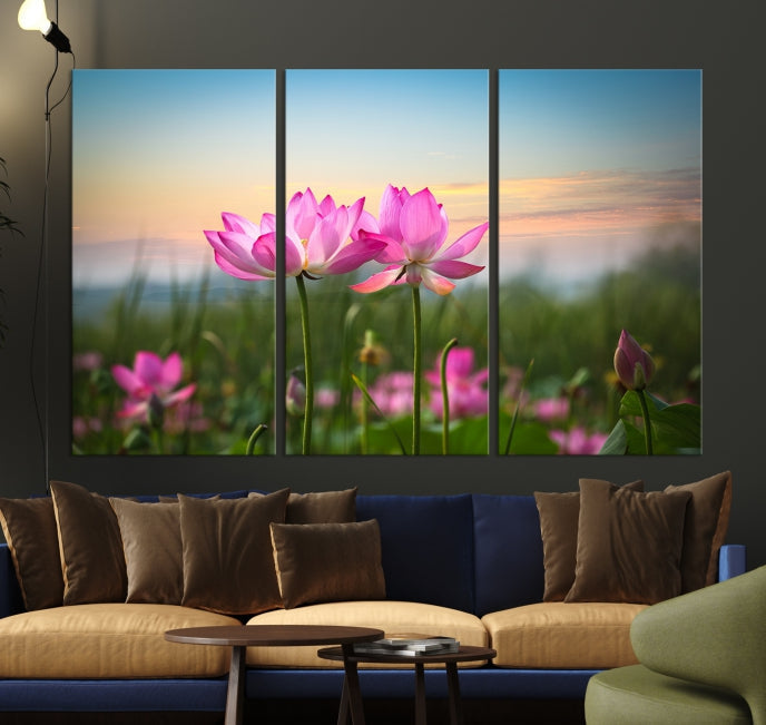 The room features a museum-quality Pink Flower on the Mountain Canvas Print, showcasing blooming pink flowers against a sunset on hand-assembled canvas.