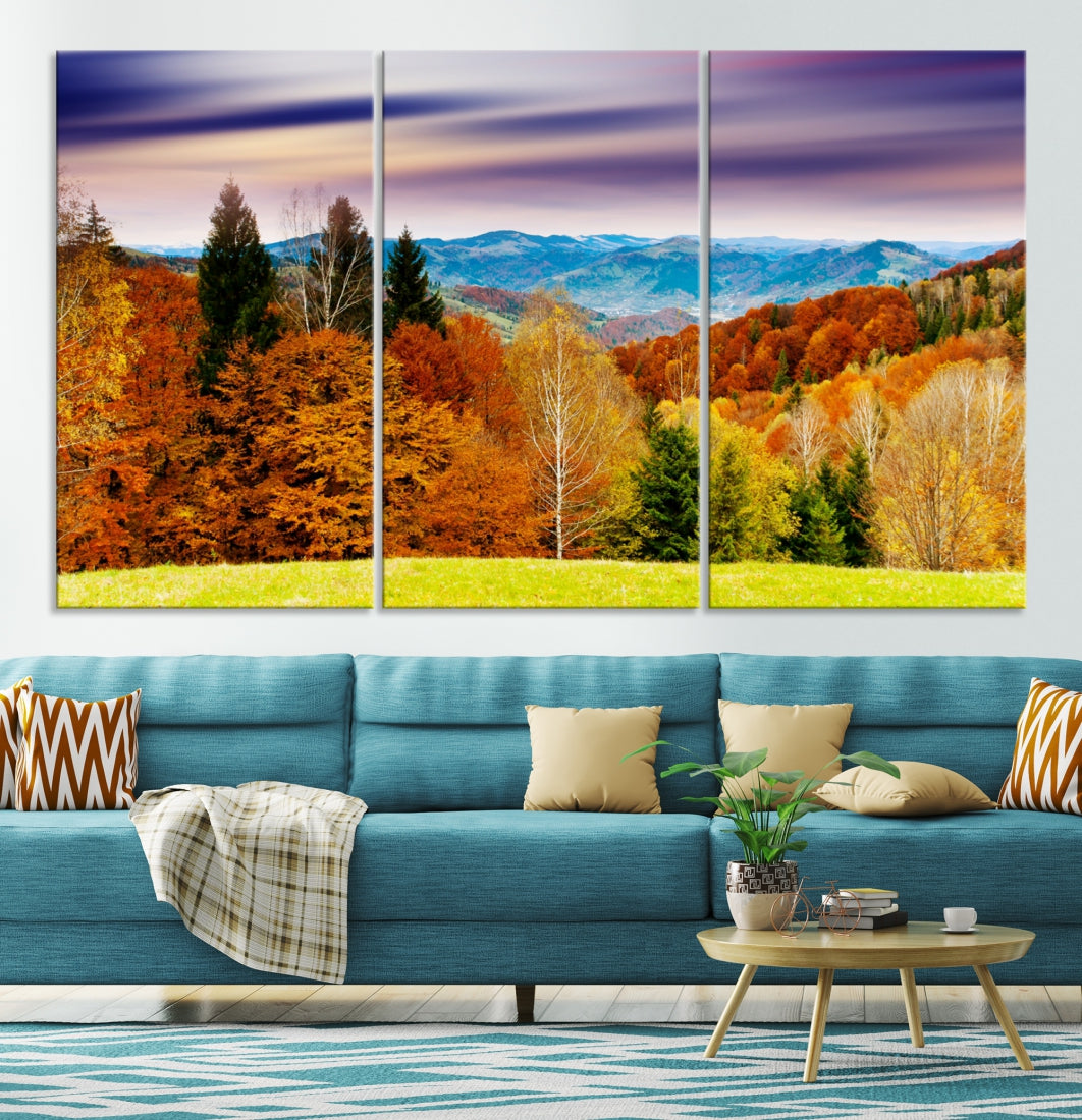 Autumn Colorful Forest Blue Mountains and Purple Sky at Sunset Wall Art Canvas Print