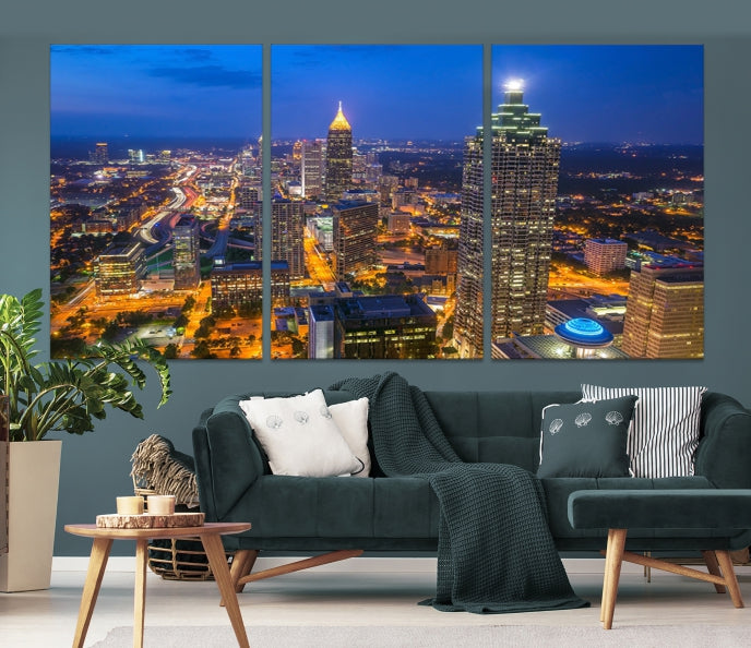 Arte de pared grande con vista del paisaje urbano del horizonte azul nocturno de las luces de la ciudad de Atlanta Impresión en lienzo