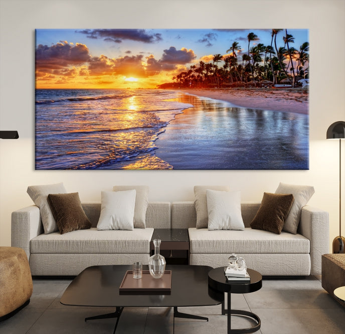 Tropical Sunset Beach Canvas Wall Art – Coastal Triptych Landscape Print – Ocean Sunset Decor for Living Room or Bedroom – Ready to Hang