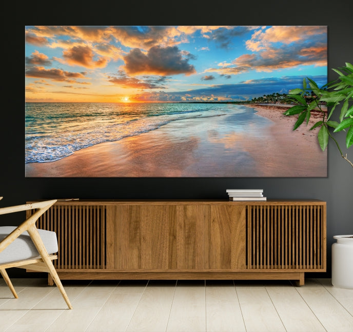 Sunset Beach Canvas Wall Art – Tropical Triptych Seascape Print – Coastal Ocean Decor for Living Room or Bedroom – Ready to Hang