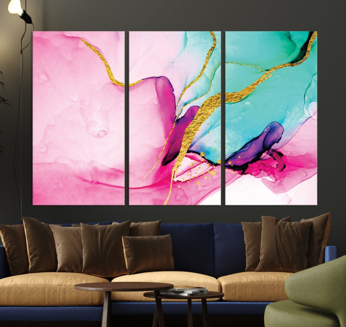 Impresión de arte de pared grande con efecto fluido de mármol rosa y dorado, lienzo abstracto moderno